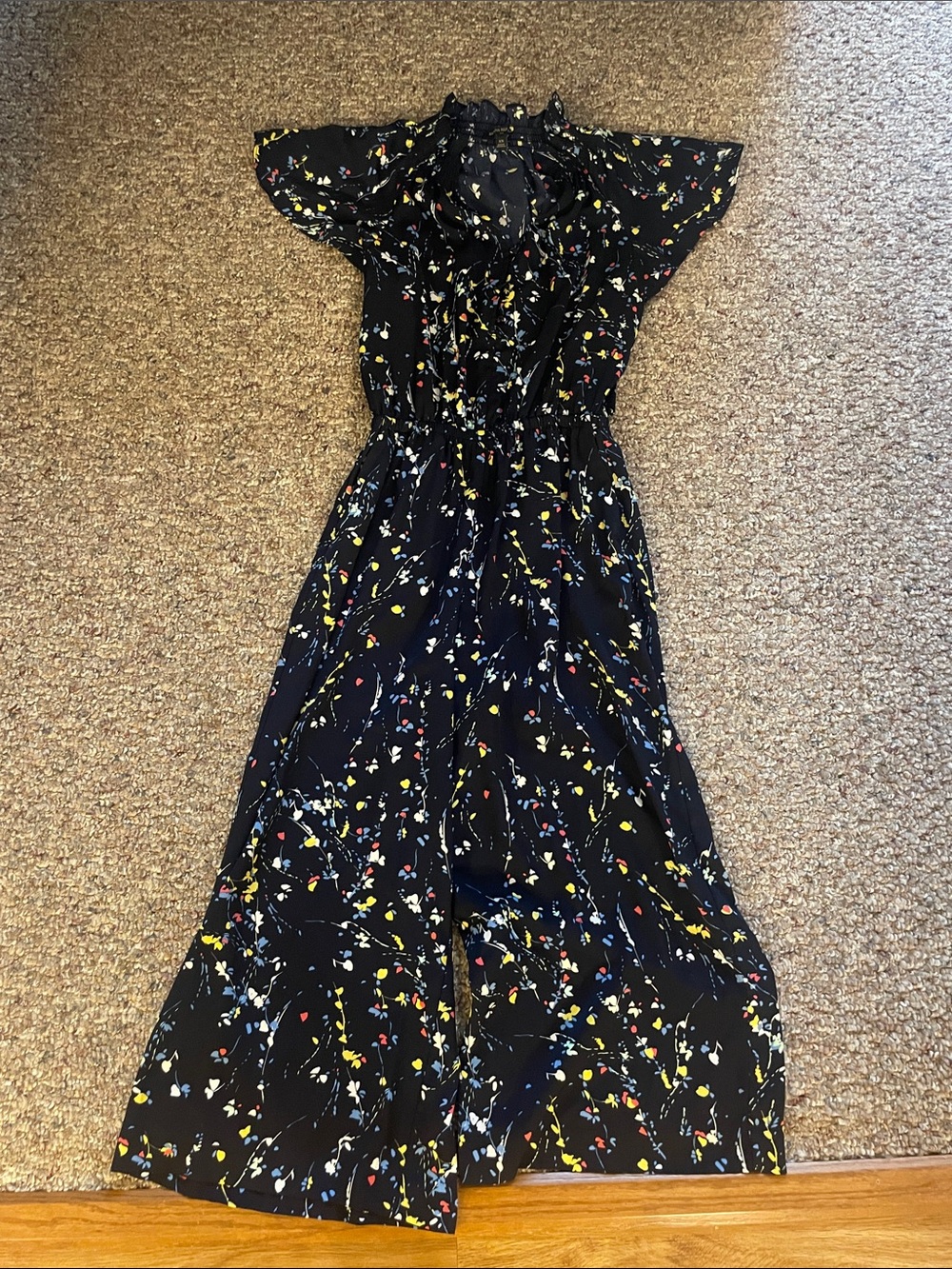 Floral Print Maxi Jumpsuit with Ruffle Neckline